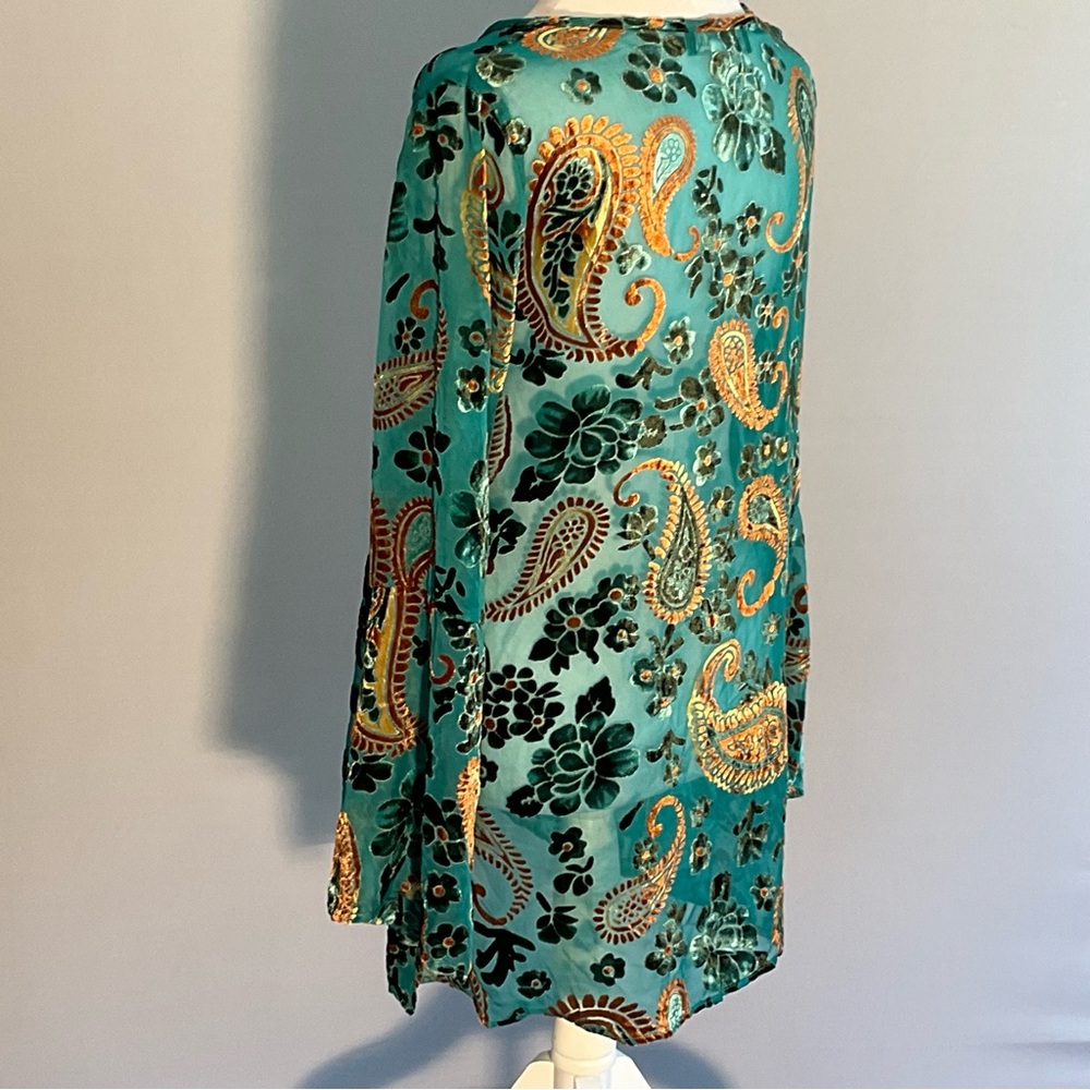 Velvet Burnout Boho Blouse Teal Paisley Tunic Festival Top S - Picture 6 of 16
